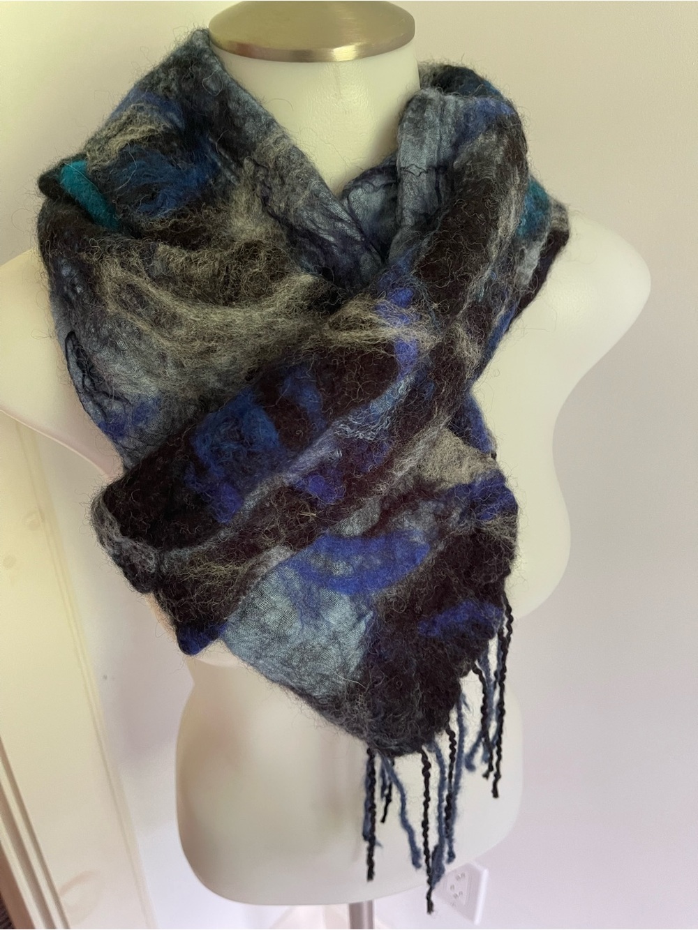 Handcrafted Blue & Black Nuno Felted Wool Scarf
